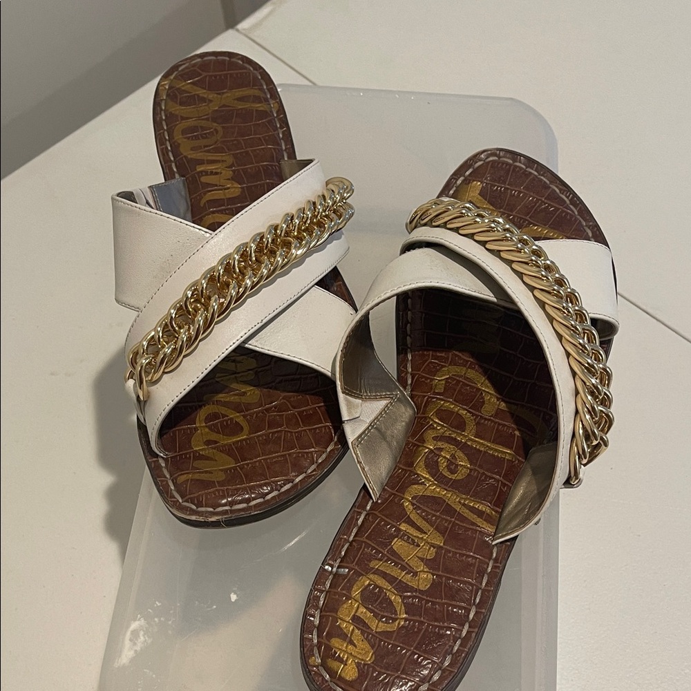 Sam Edelman White Leather Slide Sandals with Gold Chain